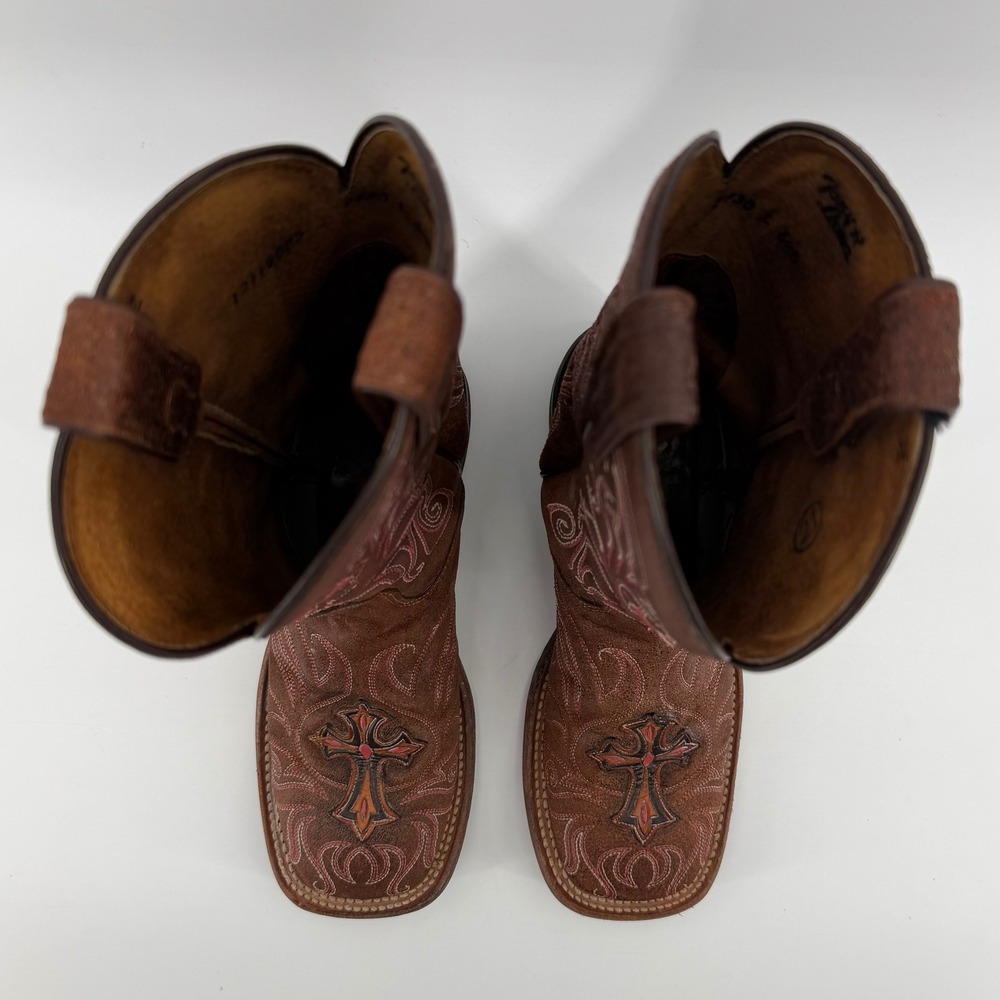 Tony Lama Women's 6.5 B Brown Western Cowboy Boots Square Toe Cross Embroidery - Picture 6 of 9
